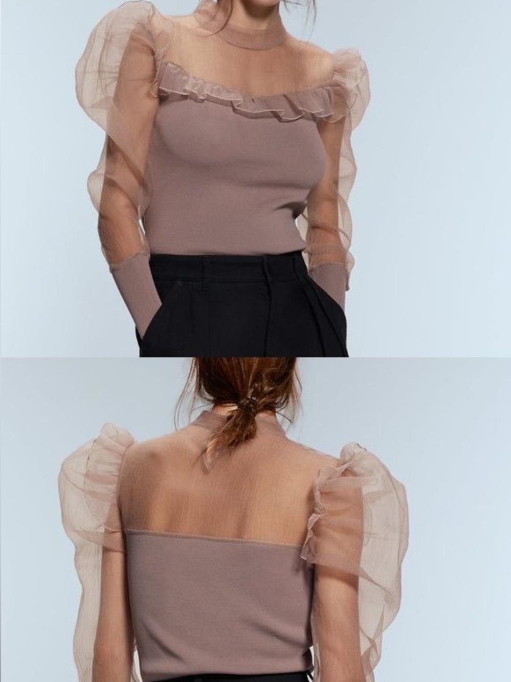 Zara Mauve Sheer Puff Sleeve Mock Neck Top